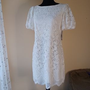 NWT Jessica Howard Puff Sleeve Lace Shift Dress Size 12 Petite Soft Ivory